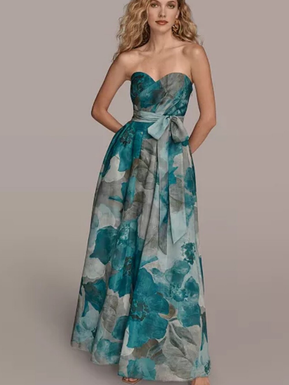 Donna Karan Teal and Gray Strapless Floral Ballgown with Waist Tie.. Size 10